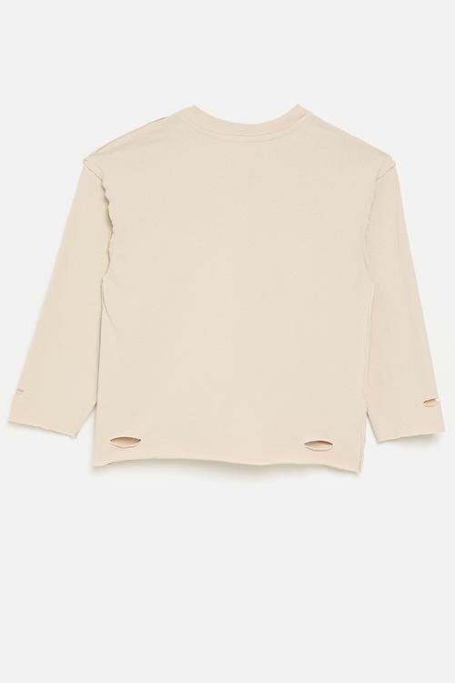 Distressed detail tee with contrast pocket - beige/cream