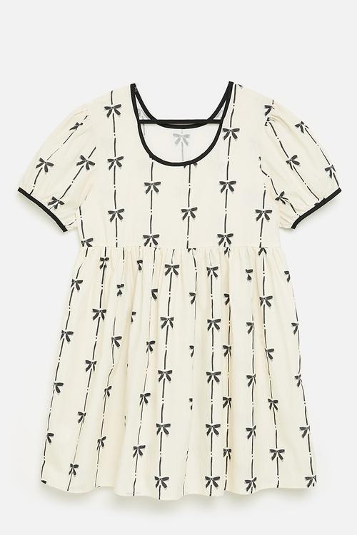Printed dress - ecru & navy blue