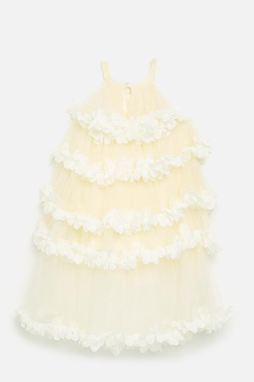 Halter neck tulle dress with floral edged tiers - pale yellow/white