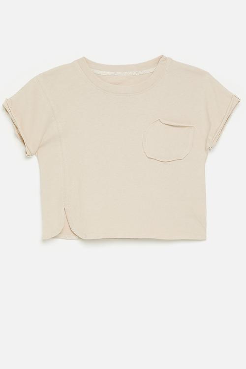 Asymmetrical front tee with stylised pocket - beige
