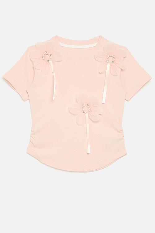 Side ruched tee with ornamented fabric flowers - baby pink