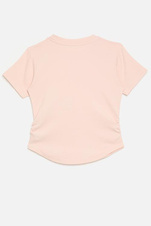 Side ruched tee with ornamented fabric flowers - baby pink