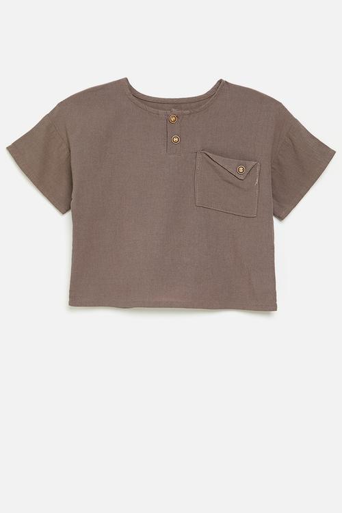 Henley tee with single button-flap pocket - mocha brown