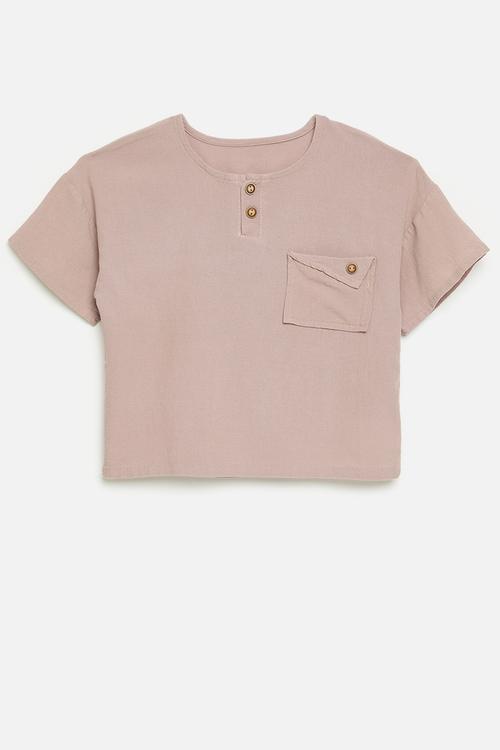 Henley tee with single button-flap pocket - dusty pink