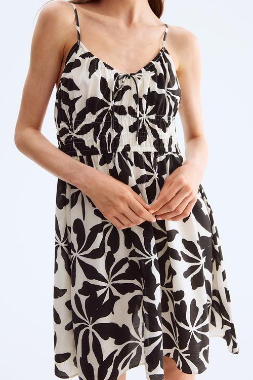 Smocked strappy dress - white & black floral