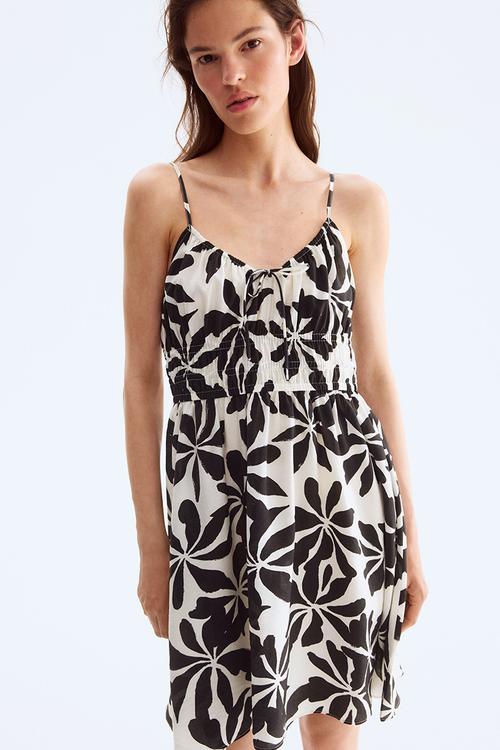 Smocked strappy dress - white & black floral