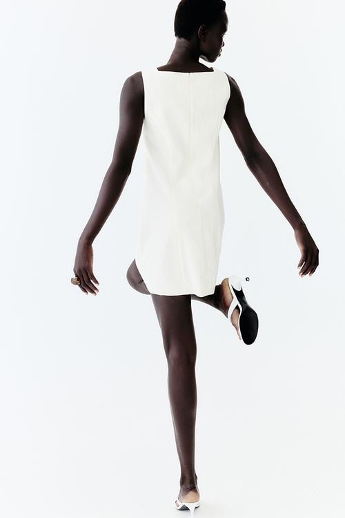 Square-neck twill dress - cream