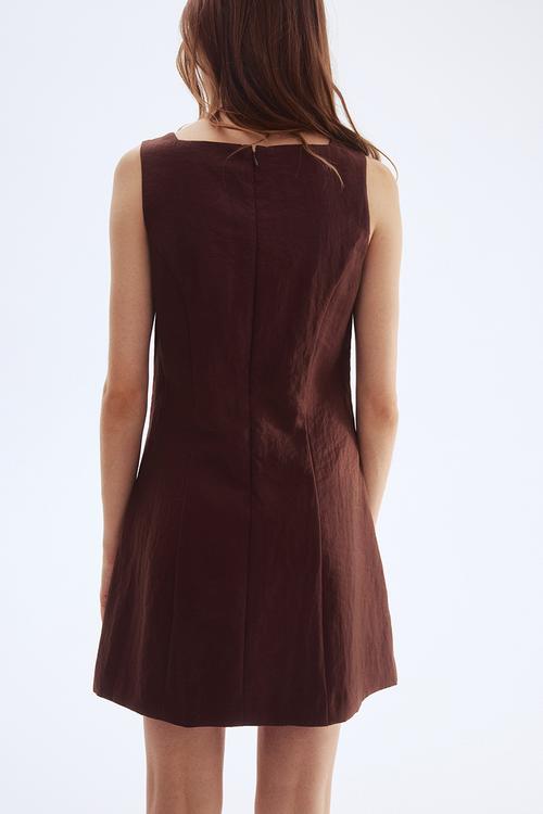 Square-neck twill dress - dark brown