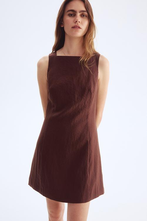 Square-neck twill dress - dark brown