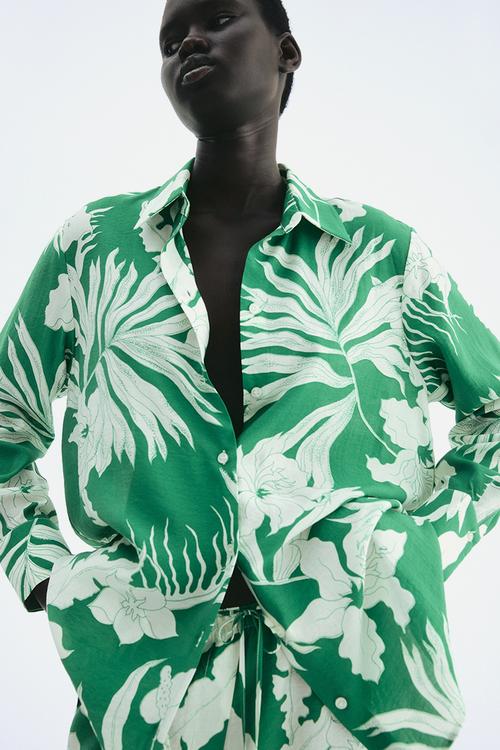 Patterned oversized shirt - green & white floral