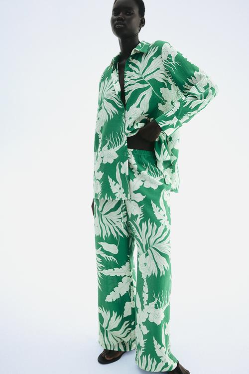 Loose-fit drawstring trousers - green & white floral 