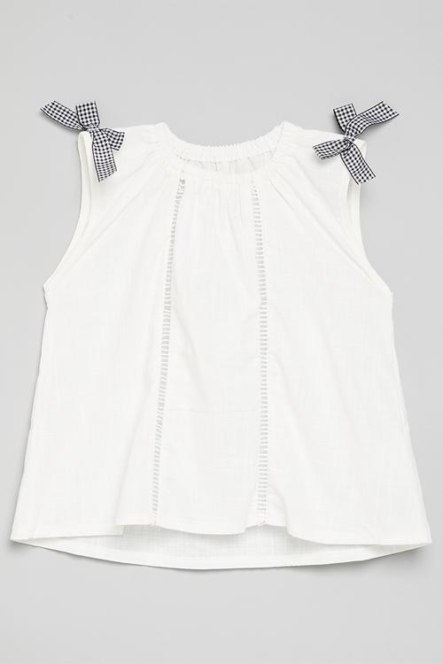 Openwork blouse with contrast bow detail - white/black gingham