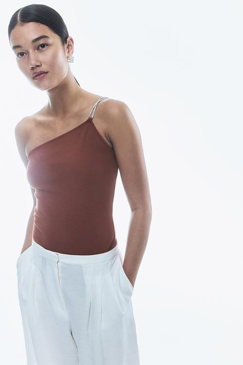 Rhinestone-strap one-shoulder body - dusty brown