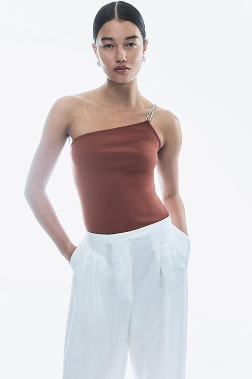 Rhinestone-strap one-shoulder body - dusty brown