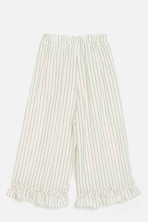 Pinstripe wide leg pants with ruffled hem - white/black