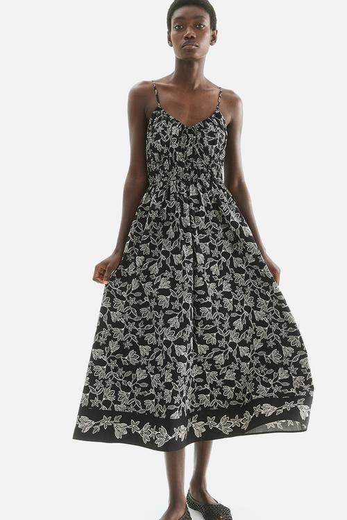 Cotton strappy dress - black/white floral 