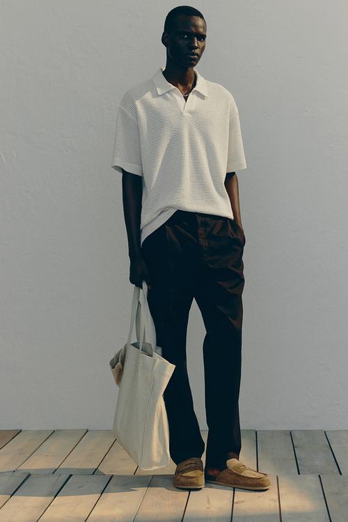Loose fit waffled polo shirt - crean