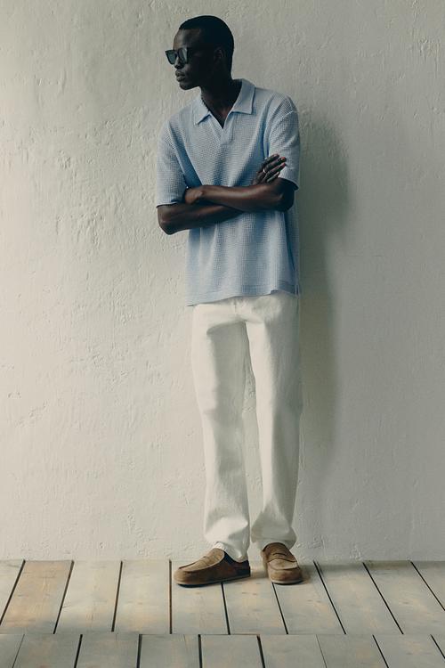 Loose fit waffled polo shirt - light blue