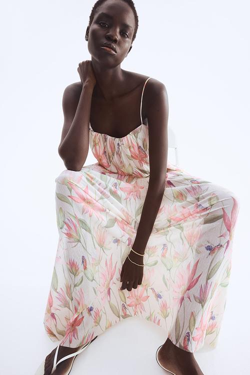 Plissé strappy dress - cream & floral