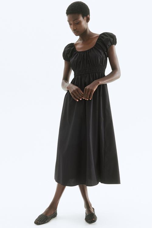 Off-the-shoulder poplin dress - black