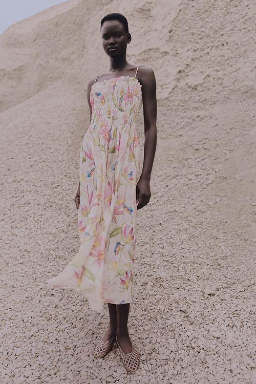 Smocked-bodice strappy dress - cream floral