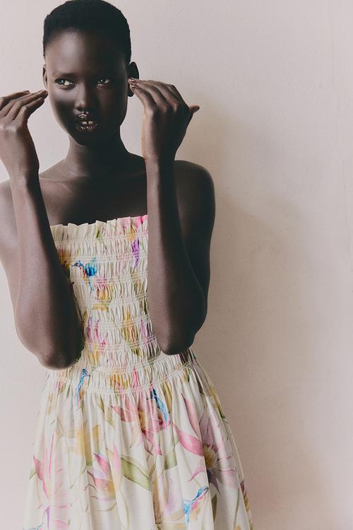 Smocked-bodice strappy dress - cream floral