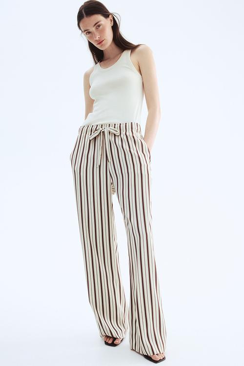Drawstring twill trousers - light beige & brown striped