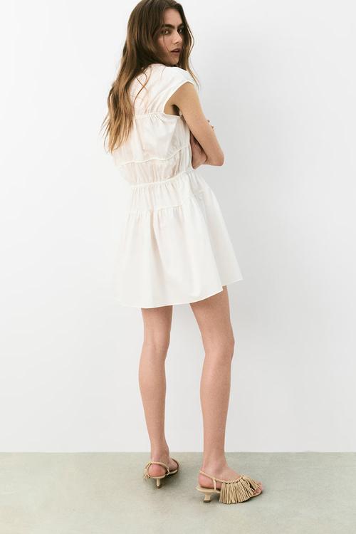 Drawstring-detail poplin dress - white