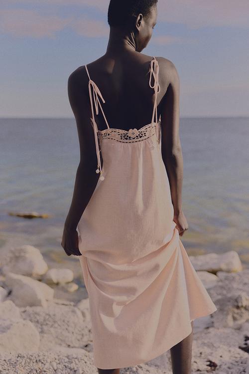 Broderie anglaise tie-strap dress - powder pink 
