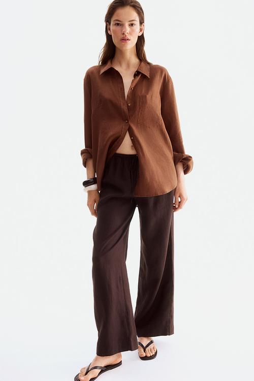 Linen drawstring trousers - dark brown 
