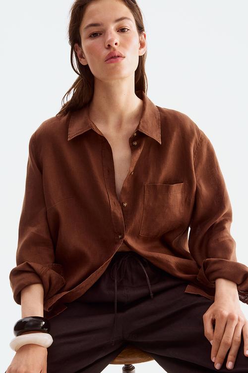 Linen drawstring trousers - dark brown 