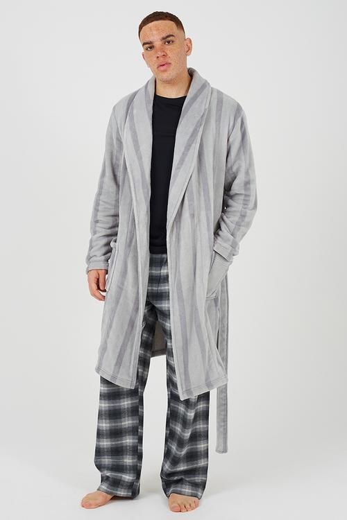Stripped Long Length Dressing Gown - Grey Stripe