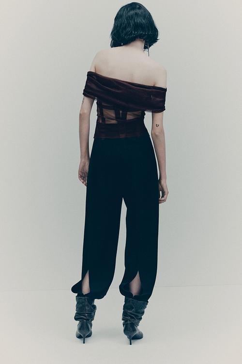 H&M Studio: Off-the-shoulder mesh top - burgundy