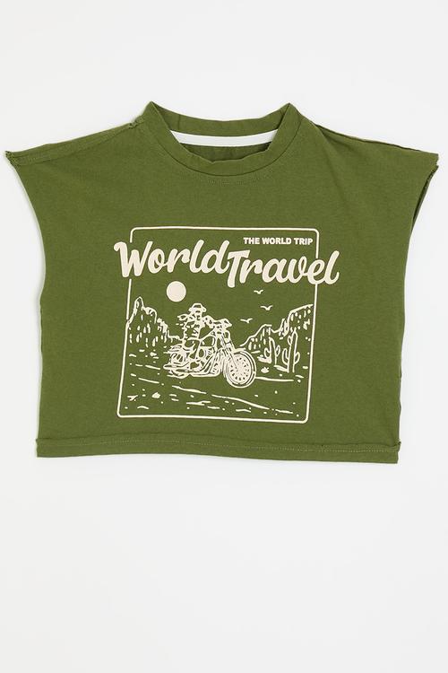 Dropped shoulder placement print tee - olive green/world travel