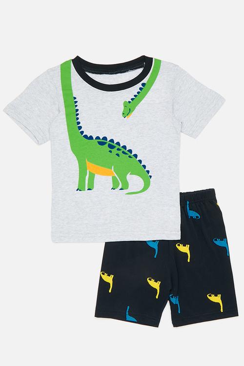 Dino graphic pj top with all-over print shorts - grey/dark navy