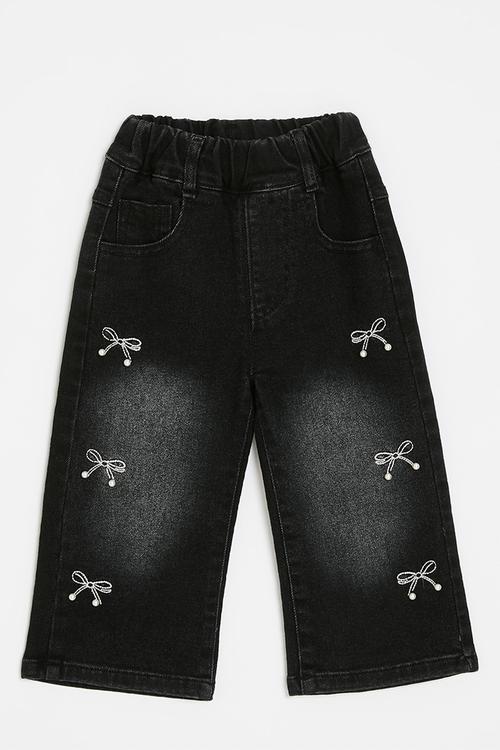 Bow embroidered straight jeans - black