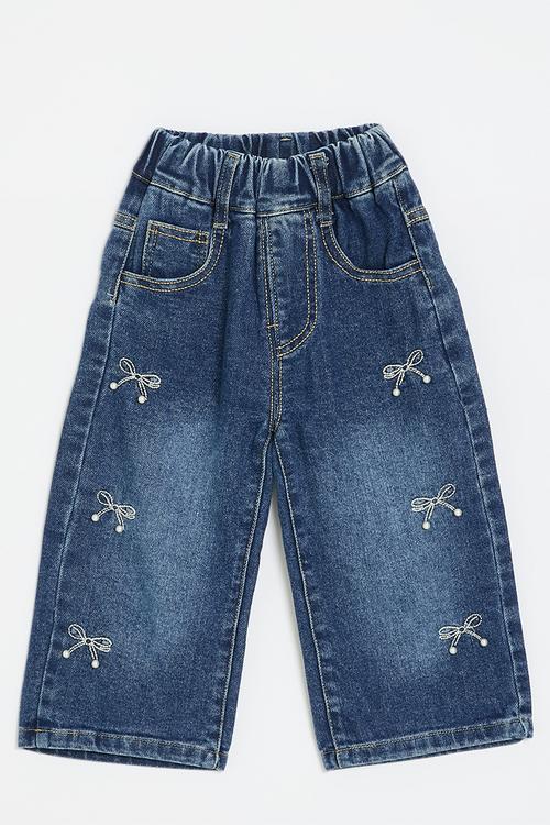 Bow embroidered straight jeans - blue