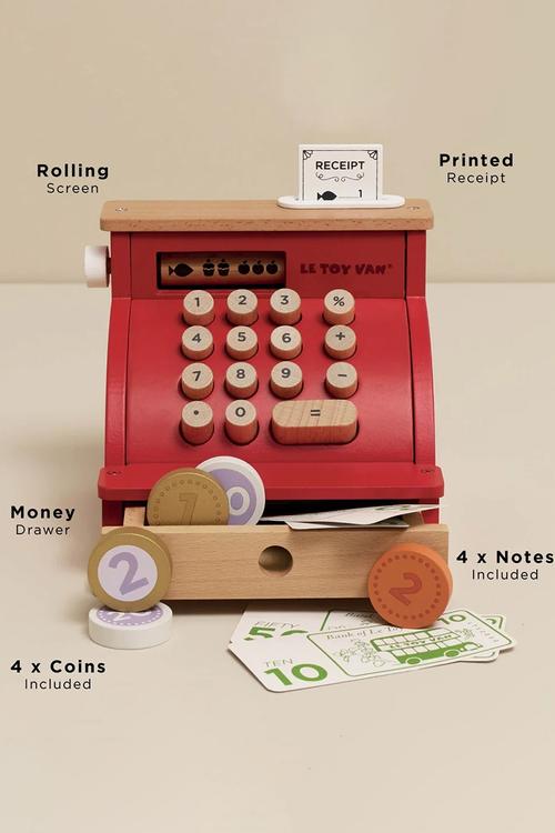 Wooden Shop Till: Cash Register and Money - 11pcs - red