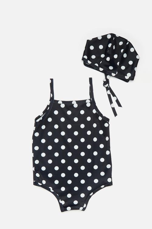 Baby swimsuit with adjustable tie swim cap - black/polka dots