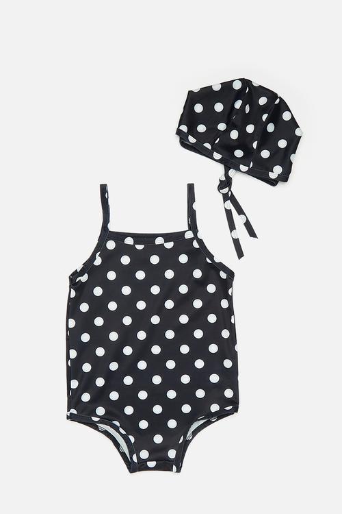 Baby swimsuit with adjustable tie swim cap - black/polka dots