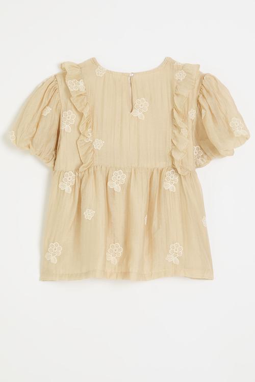 Bubble sleeve blouse with floral applique - beige