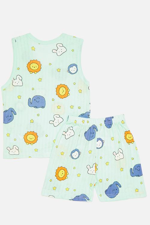 Animal themed all-over print pj tank top & shorts - pastel green