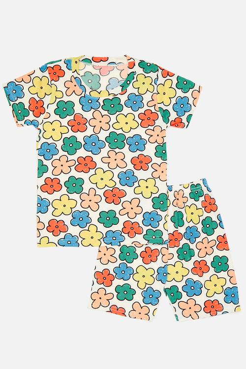 Floral all-over print rib knit pj set - off white