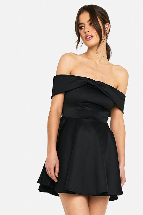 Bonded sucba bardot volume skater mini dress - black1