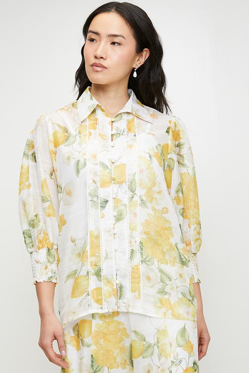 L/s lemon print blouse with ladder lace detail throughout seams - lemon sorbet