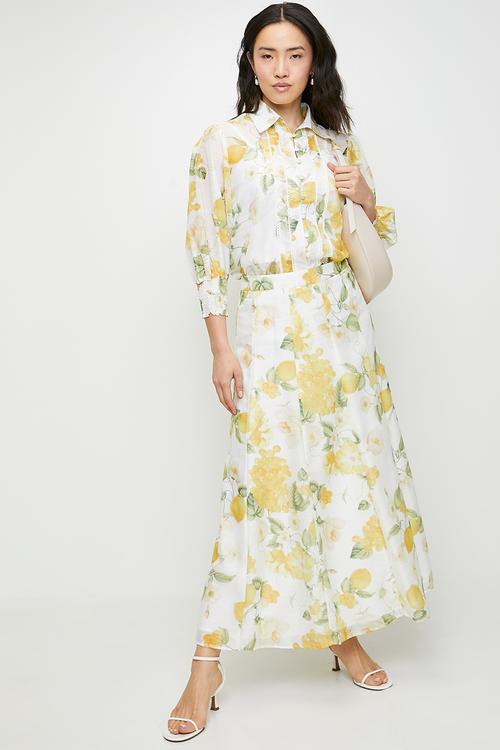 L/s lemon print blouse with ladder lace detail throughout seams - lemon sorbet