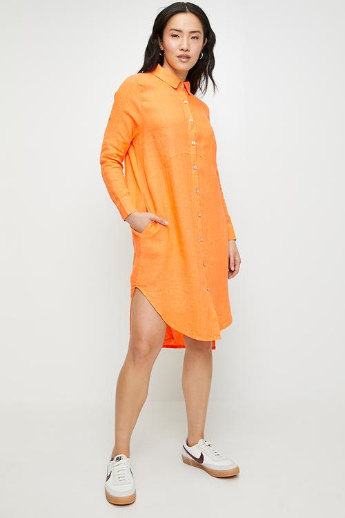 Linen Midi Dress With Front Scoop - Orange