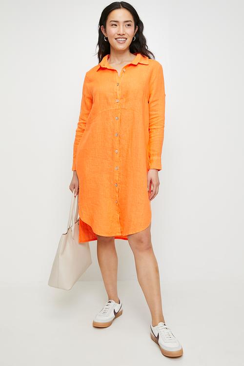 Linen Midi Dress With Front Scoop - Orange