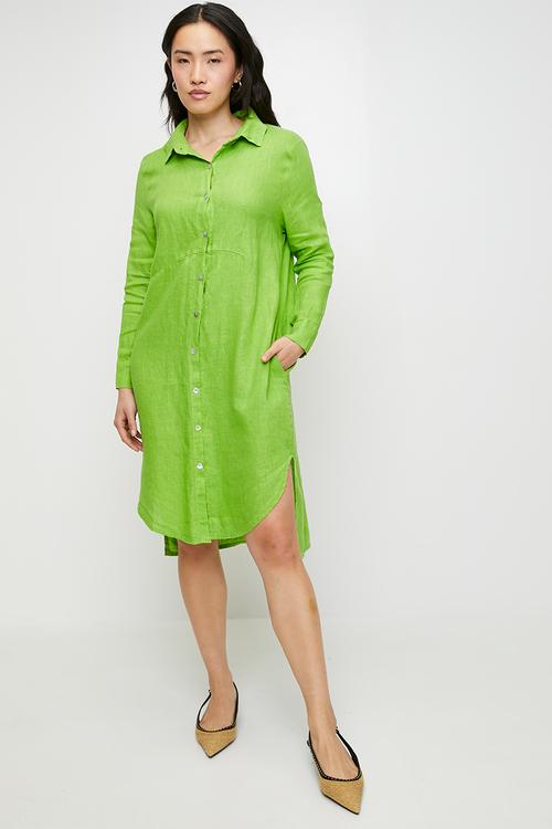 Linen Midi Dress With Front Scoop - Green