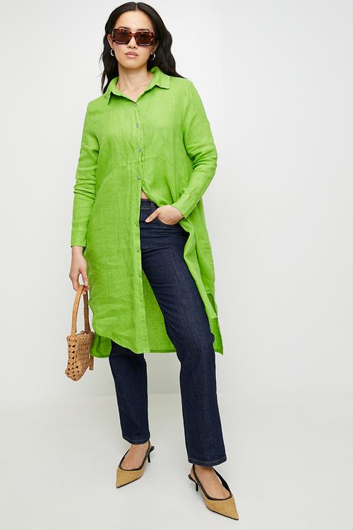 Linen Midi Dress With Front Scoop - Green